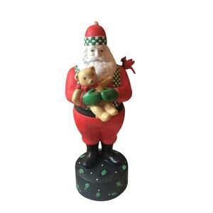 Vintage Dept 56 Santa Holding Teddy Cardinal on Shoulder Music Box Deck The Hall